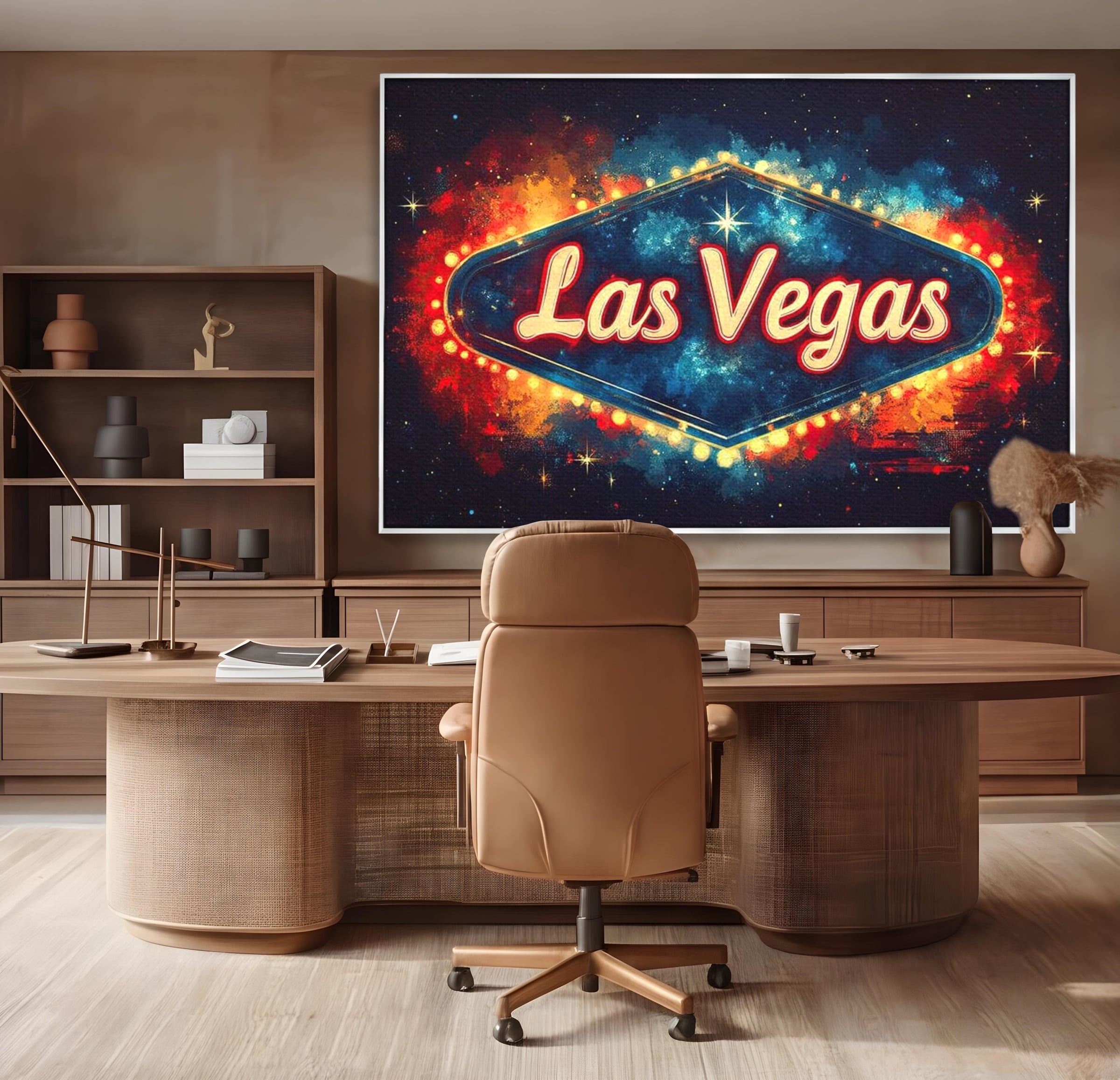 Tablou canvas cu tablou canvas cu semn neon las vegas, in rama de aluminiu argintiu, pe perete intr-un birou